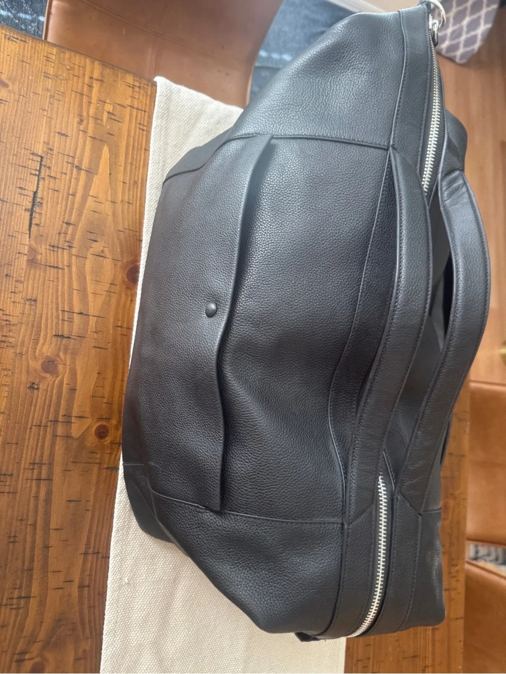 Cole Haan Black Leather Duffel with Silver Zip and Strap Hardware